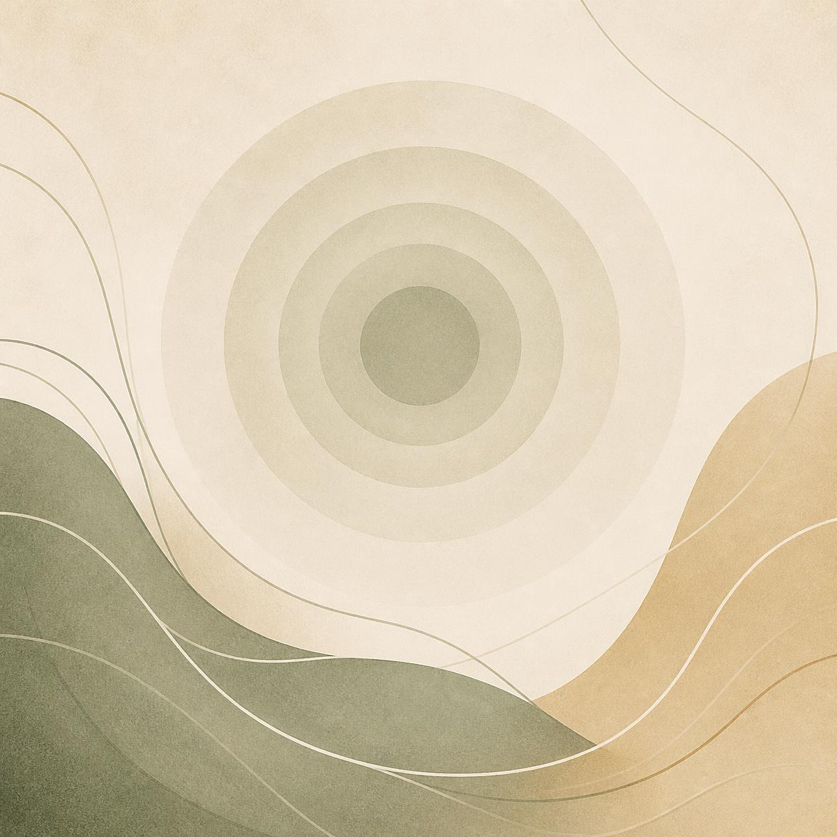 Abstract illustration of concentric breathing circles in sage green and warm sand tones